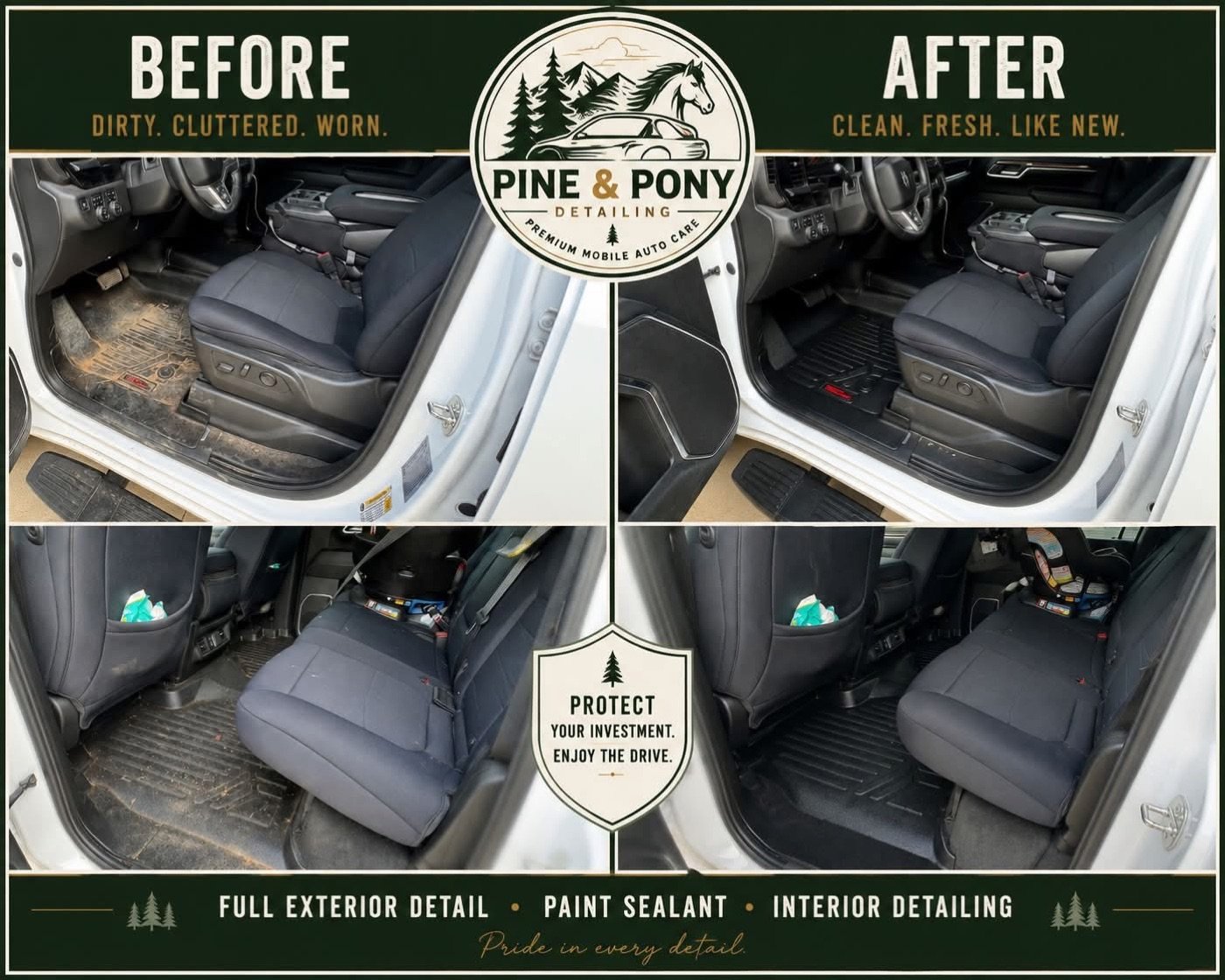 White pickup truck front and rear interior before and after detailing