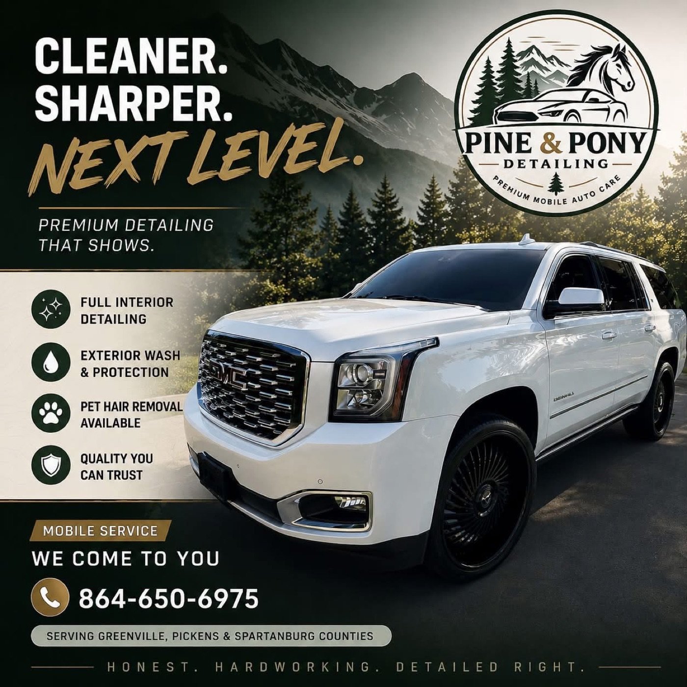 Gleaming white GMC Yukon Denali after an exterior detail